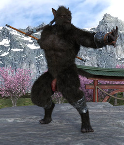action_pose anthro arm_brace arm_bracers balls barazoku black_body black_fur braided_hair exposed_balls fighting_pose flaccid fur genitals hair holding_object holding_weapon humanoid_genitalia humanoid_penis leg_guards male melee_weapon monk nude nude_fight pecs penis pose solo staff weapon foxmagik dungeons_and_dragons hasbro mythology wizards_of_the_coast canid canine canis mammal mythological_canine mythological_creature werecanid werecanine werecreature werewolf wolf 3d_(artwork) digital_media_(artwork) hi_res
