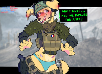 anthro armor band-aid bandage blush bodily_fluids bulletproof_vest clothing dialogue drooping_ears embarrased_horny embarrassed embarrassing_exposure female headgear helmet military military_uniform panties paws solo sweat sweatdrop tactical_gear underwear uniform wardrobe_malfunction cayasa battlefield_6 canid canine mammal absurd_res hi_res