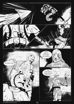 6_panel_comic ambiguous_gender anthro armor arrow_(weapon) biped black_eyes black_nose black_text clothed clothing covering covering_eyes covering_face dialogue ellipsis eyebrows floor fur group headgear helmet holding_object holding_torch hood looking_at_another medieval motion_lines open_mouth page_number question_mark ranged_weapon speech_bubble standing tail tail_around_waist talking_to_another teeth text tongue torch warrior weapon whiskers white_sclera leprzil canid canine domestic_cat felid feline felis gulonine mammal marten murid murine mustelid musteline oriental_shorthair rat rodent 2025 comic english_text hi_res monochrome