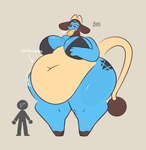 anthro belli_(swallowpancakes) belly big_belly big_breasts bloated blue_body bovid bovine breasts clothed clothing digital_media_(artwork) duo eating english_text eyelashes female food generation_2_pokemon hi_res horn long_tail mammal miltank navel nintendo obese overweight overweight_anthro overweight_female pancake pokemon pokemon_(species) simple_background size_difference solo swallowpancakes tail text thick_thighs topwear wide_hips