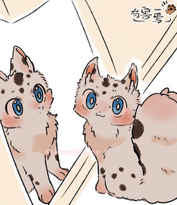 2_tails ambiguous_gender black_body black_fur blue_eyes blush chest_tuft feral fur fur_markings inner_ear_fluff looking_at_another looking_at_viewer markings mirror mirror_reflection mouth_closed multi_tail multicolored_body multicolored_fur paws reflection simple_background sitting solo tail tuft two_tone_body two_tone_fur white_body white_fur lunnanathalia asian_mythology chinese_mythology east_asian_mythology fabulous_beasts fenz_(studio) mythology hetao_(fabulous_beasts) felid mammal pantherine snow_leopard colored hi_res