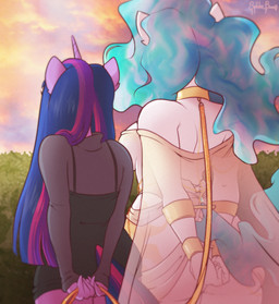 anthro biped black_clothing black_dress breasts butt chain clothed clothing cloud collar cuff_(restraint) dominant dominant_anthro dress duo female female/female fur gold_(metal) gold_chain hair handcuffs hands_behind_back hedge holding_leash holding_object horn leash leashed_collar long_hair metal_cuffs multicolored_hair outside plant purple_body purple_fur restraints shrub standing submissive submissive_anthro submissive_female sunset tail white_body white_fur spider_bones friendship_is_magic hasbro my_little_pony mythology princess_celestia_(mlp) twilight_sparkle_(mlp) equid equine mammal mythological_creature mythological_equine unicorn 2025 digital_media_(artwork) hi_res shaded