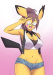 alternate_species big_breasts bottomwear breasts brown_hair clothing eyewear female fur gesture glasses hair hand_gesture humanoidized looking_at_viewer open_mouth pokemorph shorts simple_background smile solo v_sign yellow_body yellow_fur zanzagen nintendo pokemon spiky-eared_pichu generation_2_pokemon humanoid pichu pokemon_(species) absurd_res digital_media_(artwork) hi_res