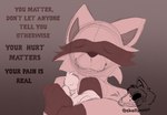 anthro comforting female holding_person micro size_difference smile text skellyroon anon poppy_(skellyroon) humanoid mammal procyonid raccoon hi_res sketch