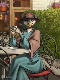 anthro beverage chair clothing coffee container cup dress female flower furniture plant shrub solo table tail window techiesxc avian bird galliform peafowl phasianid hi_res