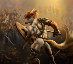 angry anthro anus armor back_muscles backsack balls battle belt butt embers fangs fight fire fluffy fluffy_tail fur genitals gladiator group hair headgear helmet long_hair male melee_weapon mostly_nude muscular muscular_male nude open_mouth outside rear_view running shield short_hair shoulder_pads solo_focus straps sword tail tan_body tan_fur teeth unconvincing_armor warrior weapon marsonaut canid canine canis human mammal wolf digital_media_(artwork) portrait three-quarter_portrait