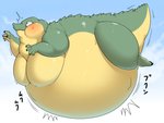 anthro belly big_belly big_cheeks big_moobs big_tail bodily_fluids dalong huge_belly hyper hyper_belly inflation male moobs solo sweat sweatdrop tail thick_neck x_no_na_x yosioka_san crocodilian reptile scalie 4:3