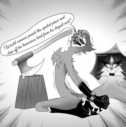 4_eyes anthro arms_tied aroused aroused_face axe begging blush bodily_fluids bound chopping_block claws clothing crown doorway dress eyes_closed female fur hands_behind_back headgear inviting kneeling male multi_eye shaking shivering shocked simple_background speech_bubble sweat text tiara wide_eyed anonymous_artist hellaverse helluva_boss stella_(helluva_boss) stolas_(helluva_boss) avian bird demon galliform humanoid owl peafowl peafowl_demon phasianid halftone hi_res monochrome
