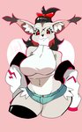 anthro big_breasts black_hair bottomwear bra breasts cloth clothed clothing curvy_figure female fur grey_body grey_fur hair hotpants navel red_eyes shorts smile solo sports_bra underwear wide_hips ileomaru felid feline lynx mammal pantherine hi_res