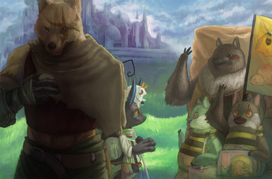 anthro backpack beak clothed clothing cloud detailed_background flag gesture grass male outside plant sky solo toony waving young kogawa_kenji avian canid canine canis fox mammal wolf detailed