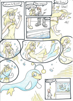 aquarium black_boots black_clothing black_footwear blonde_hair blue_eyes blush blush_lines boots brown_hair bubble clothing coat dialogue dress duo female feral fingers fish_tank footwear fused_fingers fused_legs hair hat headgear headwear human_to_feral lab_coat pokemon_transformation pushing shoes shove species_transformation speech_bubble splash text topwear transformation transformation_sequence underwater vivarium water yellow_clothing yellow_dress rainbowraven nintendo pokemon aquatic fish generation_2_pokemon human lanturn mammal pokemon_(species) 2015 comic english_text hi_res