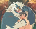 anthro back_muscles beard black_hair blue_body blue_fur blush bodily_fluids duo ear_hair eye_scar facial_hair facial_scar fur hair holding_partner hug human_on_anthro interspecies larger_anthro larger_male male male/male mane moobs multicolored_body multicolored_fur mustache nude overweight overweight_anthro overweight_male scar size_difference smaller_human smaller_male sweat tusks white_body white_fur white_hair white_mane garouzuki crave_saga protagonist_(crave_saga) raikiri_(crave_saga) human mammal suid suine sus_(pig) wild_boar hi_res