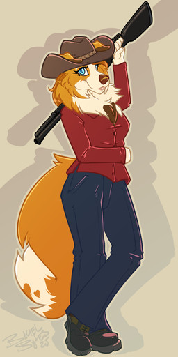 anthro blue_bottomwear blue_clothing blue_jeans blue_pants boots bottomwear clothing cowboy_boots cowboy_hat denim denim_bottomwear denim_clothing female footwear hand_on_hip hat headgear headwear jeans looking_at_viewer pants rifle_on_shoulder shoes solo_focus standing bagelbytes canid canine canis collie domestic_dog herding_dog mammal pastoral_dog sheepdog digital_media_(artwork) flat_colors hi_res