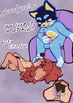 anthro balls biped blue_body blue_fur blush bodily_fluids breasts brown_body butt cum duo erection feet female foot_fetish fur genital_fluids genitals hair male male/female nipples nude paws penis precum simple_background smile tail text vaginal_fluids vulva young young_anthro young_female cristalyzed bluey_(series) bandit_heeler australian_cattle_dog canid canine canis cattledog deer domestic_dog herding_dog mammal pastoral_dog hi_res