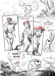 12-tf ambiguous_gender basket canid canine canis clothing comic comic_sans container detailed_background dialogue english_text fairy_tales female forest hat headgear headwear human lagomorph leporid little_red_riding_hood little_red_riding_hood_(copyright) mammal monochrome outside plant rabbit red_clothing red_hat red_headwear text transformation tree wolf