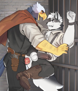 anal anal_penetration anthro anthro_on_anthro anthro_penetrated anthro_penetrating anthro_penetrating_anthro balls beak black_body black_fur blue_body blue_feathers boots cape chaps clothed clothing criminal cuff_(restraint) duo erection feathers footwear fur genitals gun handcuffed handcuffs humanoid_genitalia humanoid_penis male male/male male_anthro male_penetrated male_penetrating male_penetrating_male metal_cuffs muscular muscular_anthro muscular_male open_mouth open_smile outlaw partially_clothed partially_clothed_anthro partially_clothed_male penetration penile penile_penetration penis penis_in_ass prison prison_bars prison_cell questionable_consent ranged_weapon restraints sex sheriff shoes smile spread_legs spreading standing suspenders tail tail_feathers teeth tough_guy vein veiny_penis weapon white_body white_feathers white_fur gol1ath harris_(harristhefoxx) iolar_(musingfor) accipitrid accipitriform avian bird canid canine eagle fox mammal marble_fox red_fox sea_eagle steller's_sea_eagle true_fox 2025 hi_res