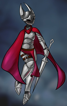 anthro armor cloak clothing empty_eyes female headgear helmet holding_object holding_weapon horn melee_weapon red_cloak red_clothing solo sword weapon tr1z hollow_knight_(franchise) team_cherry hornet_(hollow_knight) arthropod absurd_res hi_res