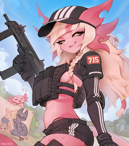 anthro biped bottomwear breasts clothed clothed_anthro clothed_female clothing cloud day female fingers gloves gun hair handwear hat headgear headwear looking_at_viewer medium_breasts navel non-mammal_breasts outside pants ranged_weapon side_boob sky solo standing tail weapon amarihel bibi_(ansart) amphibian aquatic axolotl mole_salamander salamander 2026 digital_drawing_(artwork) digital_media_(artwork) hi_res