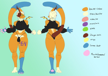 anthro balls balls_outline big_breasts biped breasts bulge clothed clothing color_swatch detailed_bulge fur genital_outline genitals gynomorph gynomorph_anthro hair horn intersex intersex_anthro penis solo text docl64 mythology canid canine chimera dragon felid fox hybrid lion mammal mythological_creature mythological_scalie pantherine scalie absurd_res digital_media_(artwork) english_text hi_res model_sheet