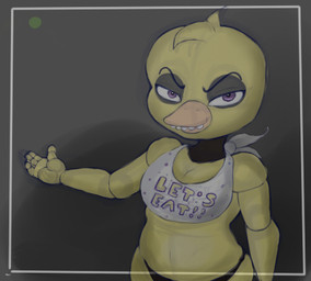 anthro beak bib dark female grey_background machine simple_background smile solo unknown_artist five_nights_at_freddy's scottgames chica_(fnaf) classic_chica_(fnaf) animatronic avian bird robot grey_theme low_res