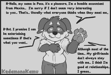 anthro border greeting grey_border humiliation humiliation_fetish humiliation_text infidelity male paco_(kedamonokamu) pawpads paws solo speech_bubble text kedamonokamu canid canine canis chihuahua domestic_dog mammal toy_dog english_text monochrome