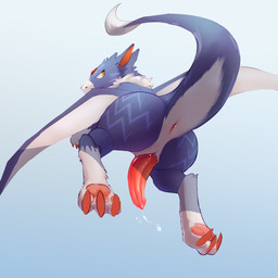 animal_genitalia anus bodily_fluids butt claws cum erection fluffy flying genital_fluids genital_slit genitals looking_back low-angle_view male membrane_(anatomy) membranous_wings penis presenting presenting_hindquarters red_claws red_penis solo wings worm's-eye_view twang bandai_namco digimon digimon_(species) dorugamon x-digimon 1:1 hi_res