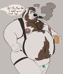 alcohol anthro bear beverage bodily_fluids body_hair chastity_cage chastity_device chest_hair chest_tuft cigar dripping english_text fatpad genital_fluids male mammal nipple_piercing nipples overweight overweight_anthro overweight_male piercing precum precum_drip solo tcw tcw_(character) text tuft