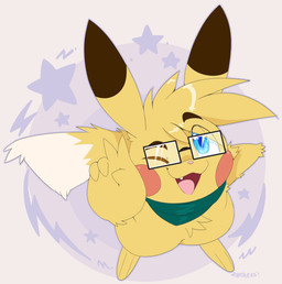 ambiguous_gender blue_eyes eyewear feral glasses green_scarf looking_at_viewer multicolored_body pupils rectangular_glasses red_cheeks scarf simple_background solo yellow_body pixelyteskunk nintendo pokemon zilch_(zilchfox) generation_1_pokemon pikachu pokemon_(species) absurd_res hi_res