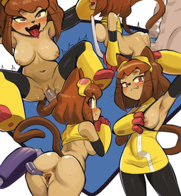 anthro anus areola armpit_fetish biped black_clothing breasts brown_eyebrows brown_hair brown_tail butt clothed clothing eyebrow_through_hair eyebrows female female_anthro female_penetrated from_behind_position genitals hair looking_pleasured male male/female male_penetrating nipples penetration penile penile_penetration penis pupils sex smile spread_vulva spreading tail translucent translucent_hair vaginal vaginal_penetration vulva whiskers yellow_clothing nico-mo gameoverse glitch_productions kit_bodega domestic_cat felid feline felis mammal 2026 hi_res