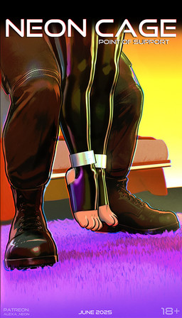ambiguous_gender anklet anthro bdsm between_legs black_boots black_clothing black_footwear boots bottomwear carpet close-up clothing dangling_legs duo faceless_character feet foot_size_difference footwear furniture glistening glistening_clothing glistening_footwear glistening_shoes jewelry larger_male latex latex_clothing latex_legwear legwear male neon outline pants shoes size_difference submissive text alexa_neon patreon ambiguous_species 2025 comic cover cover_art cover_page dated digital_media_(artwork) english_text hi_res