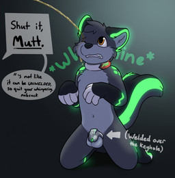 4_fingers anthro balls biped black_nose bodily_fluids chastity_cage chastity_device collar dialogue fingers forced fur genital_fluids genitals glowing glowing_body glowing_fur gradient_background green_body green_fur grey_balls grey_body grey_fur humiliation kneeling male nude offscreen_character one_eye_closed peeing peeing_on_another permanent permanent_chastity_cage permanent_chastity_device simple_background speech_bubble submissive submissive_male text toony urine urine_on_face watersports whining oliverwolf oliverwolf_(character) canid canine canis mammal wolf 2025 digital_media_(artwork) english_text hi_res