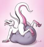 2017 anthro belly big_belly butt digestion female forceswerwolf generation_7_pokemon genitals looking_at_viewer nintendo open_mouth paws pokemon pokemon_(species) pussy raised_tail salazzle shiny_pokemon simple_background solo tail tongue tongue_out vore