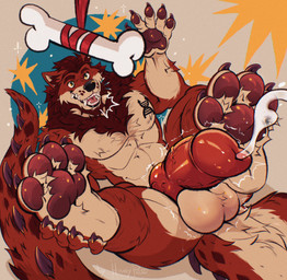 4_toes 5_fingers abs animal_genitalia animal_penis anthro balls big_penis black_nose bodily_fluids bone canine_genitalia canine_penis chest_tattoo claws cum cumshot ejaculation erection eyebrows fangs feet fingers fur genital_fluids genitals knot knotted_penis lying male motion_lines multicolored_body multicolored_fur muscular muscular_male nude on_back open_mouth pawpads paws penis red_body red_eyebrows red_fur red_pawpads smile snout solo spikes spikes_(anatomy) tail tan_body tan_fur tattoo teeth toes vein veiny_penis honeypie~ canid canine canis hybrid mammal wolf colored digital_drawing_(artwork) digital_media_(artwork) hi_res shaded