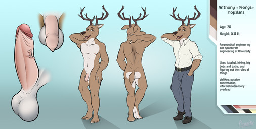 alcohol anthro antlers balls beverage bottomwear brown_body brown_fur clothed clothing description erection flaccid foreskin fur genitals horn humanoid_genitalia humanoid_penis male nude open_mouth pants penis retracted_foreskin solo tan_body tan_fur text amazinky anthony_hopskins cervine deer mammal absurd_res english_text hi_res model_sheet