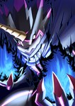 anthro belt black_body blue_fire cape claws clothing colored_fire evil_grin fire horn male powering_up sharp_teeth smile solo teeth hase_popopo bandai_namco digimon digimon_ghost_game digimon_(species) gulusgammamon absurd_res hi_res