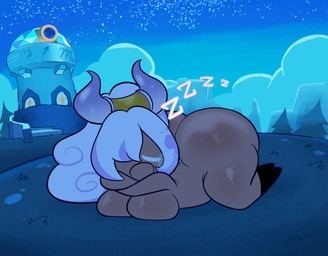 big_breasts big_butt breasts brown_body butt eyes_closed female front_view hair hair_over_eye hooves horn huge_butt long_hair lying night nude on_front open_mouth purple_horn sleeping solo sound_effects vowelless vowelless_sound_effect white_hair zzz nebeeafterdark cookie_run taurus_cookie animal_humanoid bovid bovid_humanoid bovine bovine_humanoid cattle_humanoid cookie_(cookie_run) horned_humanoid humanoid mammal mammal_humanoid