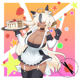 absolute_territory ahoge apron big_breasts blonde_hair breasts cake cleavage clothed clothing curvy_figure cutlery dessert dipstick_ears ear_markings eating facial_markings female food fork fruit fully_clothed garter_straps gloves hair hair_over_eyes handwear head_markings huge_breasts kitchen_utensils legwear long_hair maid_uniform markings multicolored_ears plant solo standing star strawberry tan_body tan_skin text thigh_highs tools uniform voluptuous wide_hips simple-phobiaxd blair_(simplephobiaxd) animal_humanoid humanoid lagomorph lagomorph_humanoid leporid_humanoid mammal mammal_humanoid rabbit_humanoid english_text hi_res