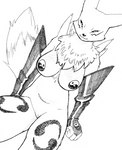 anthro armwear big_breasts biped breasts chest_tuft clothing elbow_gloves facial_markings female genitals gloves handwear head_markings leg_markings looking_at_viewer markings mostly_nude pasties pussy simple_background solo thick_thighs thigh_markings tomoe_(symbol) tuft realius bandai_namco digimon canid digimon_(species) mammal renamon graphite_(artwork) hi_res monochrome pen_(artwork) traditional_media_(artwork)