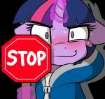 alpha_channel blush bodily_fluids clothed clothing conditional_dnp cosplay crossover equid equine female friendship_is_magic hair hasbro horn looking_at_viewer mammal my_little_pony mythological_creature mythological_equine mythology pudgeruffian purple_eyes purple_hair reaction_image sans_(undertale) simple_background smile solo stop_sign sweat twilight_sparkle_(mlp) undertale undertale_(series) unicorn white_background