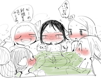 accessory anthro bath bathing black_hair blush bodily_fluids breasts dialogue erection fangs female genitals group hair hair_accessory hairpin harem loli looking_at_another male masturbation navel nipples nude partially_submerged penis shota small_breasts smile smug stroking_penis surrounded sweat teeth text voyeur wet young young_anthro young_male doneru clive_(doneru) dima_(doneru) laia_(doneru) tany_(doneru) tiary_(doneru) bamfear imp scalie unknown_species hi_res japanese_text monochrome sketch translated adult_(lore)
