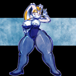 anthro areola areola_slip big_breasts black_nose blue_clothing blue_footwear blue_leotard blue_shoes breasts bunny_costume choker clothing costume cuffs_(clothing) dipstick_ears ear_markings eyelashes female floppy_ears footwear front_view fur gesture gloves grey_areola grey_clothing grey_legwear hand_gesture handwear jewelry legwear leotard looking_at_viewer lop_ears multicolored_ears necklace orange_body orange_eyes orange_fur shoes smile solo tan_body tan_fur thick_thighs v_sign white_body white_clothing white_fur white_gloves white_handwear wide_hips stormkinght sega sonic_the_hedgehog_(series) vanilla_the_rabbit lagomorph leporid mammal rabbit 1:1 hi_res