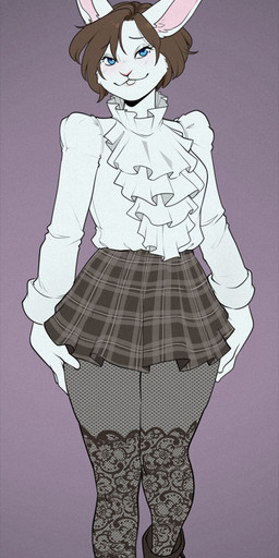 anthro biped bottomwear breasts clothed clothed_anthro clothed_female clothing female fingers fishnet_clothing fishnet_legwear front_view fully_clothed fully_clothed_anthro fully_clothed_female fur hair high_waisted_bottomwear legs_together legwear looking_at_viewer miniskirt pleated_skirt skirt smile solo standing teeth topwear kittydee lagomorph leporid mammal rabbit 2026 digital_drawing_(artwork) digital_media_(artwork) hi_res