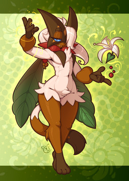3_toes 4_fingers alternate_species anthro blue_eyes blue_sclera brown_body brown_fur chest_tuft crotch_tuft dipstick_tail dotted_background eyebrows fangs featureless_crotch feet fingers fur green_background hair hair_over_eye leg_markings looking_at_viewer male markings navel nude nude_anthro nude_male open_mouth open_smile pattern_background ponytail simple_background smile socks_(marking) solo standing tail tail_markings teeth toes tuft conditional_dnp teckworks nintendo pokemon percy_(teckworks) generation_9_pokemon meowscarada pokemon_(species) 2025 signature