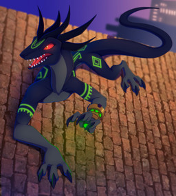 anthro bracelet city claws climbing_wall female horn jewelry long_tail markings open_mouth outside red_eyes sharp_teeth sideways solo tail teeth toe_claws tongue re-re zetsin heroes_of_envell salamandra_(heroes_of_envell) lizard reptile scalie 2018 absurd_res hi_res