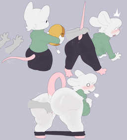 ambiguous_gender anthro anthro_focus big_butt biped blush bodily_fluids bottomwear bottomwear_down breasts butt butt_tuft cheek_tuft cheese cheese_wheel circle_eyes closed_smile clothed clothing cloud_emanata dairy_products disembodied_hand duo emanata erect_tail facial_tuft feet female female/ambiguous female_focus fingering fingering_partner food fur fur_tuft genital_fluids genitals glistening glistening_butt head_tuft huge_butt leggings legwear looking_at_another looking_back looking_back_at_another medium_breasts mouth_closed open_mouth pants pants_down partially_clothed pink_feet pink_tail pivoted_ears plantigrade price_tag questionable_consent rear_view sex simple_eyes smile solo_focus surprised sweat_emanata sweater tail tail_motion thick_thighs three-quarter_view topwear tuft vaginal vaginal_fingering vaginal_fluids vulva white_body white_fur wide_hips snazzle_snapp mitzi_(snappy) mammal mouse murid murine rodent digital_drawing_(artwork) digital_media_(artwork) hi_res sequence