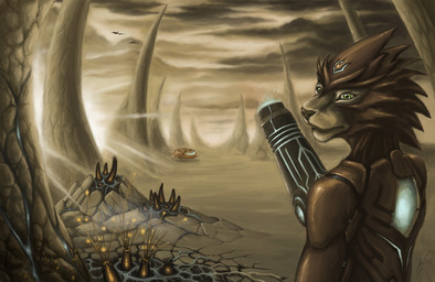 armor cloud detailed_background energy futuristic glowing landscape light male outside plant scenery science_fiction sky solo sun weapon imiak metroid nintendo mailylion alien avian bird felid lion mammal pantherine digital_media_(artwork)