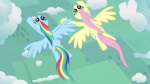 blue_body blue_eyes blue_feathers blue_fur cloud cutie_mark duo feathered_wings feathers female feral flying fur hair multicolored_hair multicolored_tail outside pink_hair plant purple_eyes rainbow_hair rainbow_tail sky tail tree wings yellow_body yellow_feathers yellow_fur adcoon friendship_is_magic hasbro my_little_pony mythology fluttershy_(mlp) rainbow_dash_(mlp) equid equine mammal mythological_creature mythological_equine pegasus 16:9 2013 hi_res wallpaper widescreen