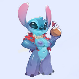 3_toes aloha_shirt anthro bendy_straw beverage blue_body blue_fur blue_nipples breasts claws clothing cocktail_garnish cocktail_umbrella coconut coconut_drink crossgender drinking_straw drupe_(fruit) feet female flower_necklace food fruit fur genitals hand_on_hip medium_breasts mtf_crossgender nipples pattern_clothing pattern_shirt pattern_topwear plant semi-anthro shirt simple_background smile solo standing teal_eyes teal_nose toes topwear vulva sachsech205 disney lilo_and_stitch stitch_(lilo_and_stitch) alien experiment_(lilo_and_stitch) 1:1