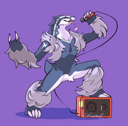 ambiguous_gender anthro barefoot biped claws devil_horns_(gesture) electronics fangs featureless_crotch feet fur gesture hand_gesture long_tongue looking_at_viewer microphone open_mouth pose pupils red_eyes sharp_teeth slit_pupils smile solo speaker standing teeth toe_claws tongue tongue_out mothsoft nintendo pokemon generation_8_pokemon mammal mustelid obstagoon pokemon_(species) 2019 hi_res