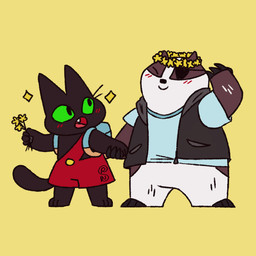 aged_down anthro backpack black_body black_eyes blush brown_body duo eye_patch eyewear fangs fingers green_eyes green_sclera hand_holding male simple_background smile teeth white_body yellow_background young young_anthro shapeshiftinterest cartoon_network mao_mao:_heroes_of_pure_heart badgerclops sheriff_mao_mao_mao badger domestic_cat felid feline felis mammal mustelid musteline 1:1 hi_res